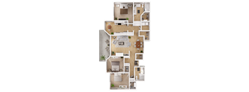 A top-down view of a house layout with a kitchen, living room, and bedrooms.