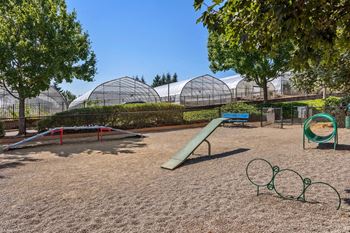 A playground with a green slide and a red swing set.