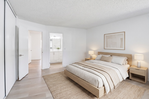A bedroom with a large bed and a rug on the floor.