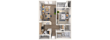 A 3D floor plan of a small apartment with a living room, kitchen, and bedroom.