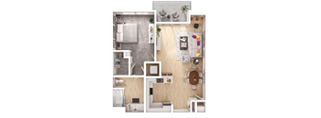 A top-down view of a small apartment with a kitchen, living room, and bathroom.