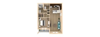 A floor plan of a small apartment with a kitchen, living room, and bathroom.