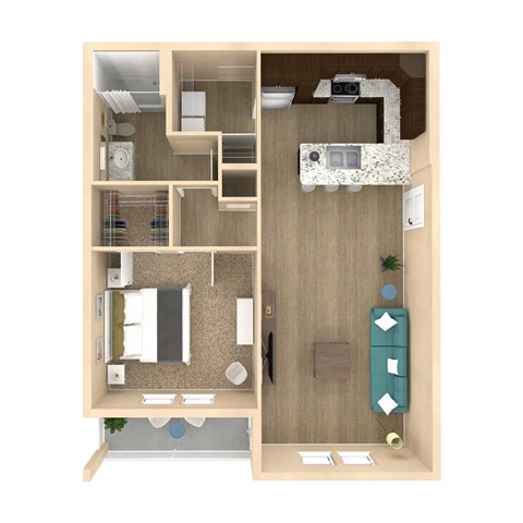 A floor plan of a small apartment with a kitchen, living room, and bathroom.