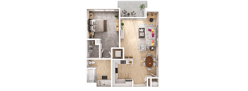 A top-down view of a small apartment with a bedroom, living room, kitchen, and bathroom.