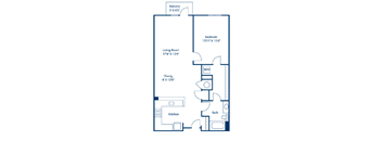 A floor plan of a house with a living room, dining room, kitchen, bath, and bedroom.