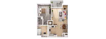 A top-down view of a small apartment with a kitchen, living room, and bathroom.