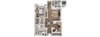 A 3D floor plan of a house showing a living room, kitchen, and bedrooms.