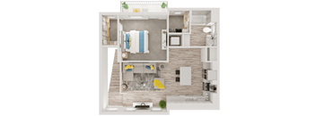 A top-down view of a small apartment with a bedroom, living room, and kitchen.