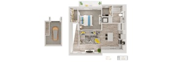 A floor plan of a two bedroom apartment with a living room and a kitchen.