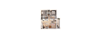A top-down view of a house layout with a kitchen, living room, and bedrooms.
