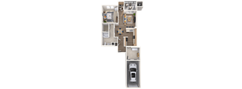 A top-down view of a house layout with a car garage.