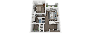 A 3D floor plan of a small apartment with a kitchen, living room, and bathroom.