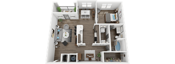 A top-down view of a modern apartment layout with a kitchen, living room, and bedrooms.
