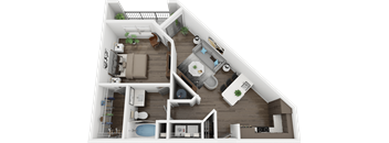 A 3D floor plan of a small apartment with a kitchen, living room, and bathroom.