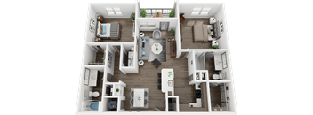 A 3D floor plan of a house with a kitchen, living room, and bedrooms.