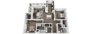 A 3D floor plan of a house with multiple rooms and furniture.