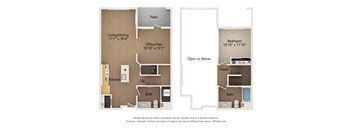 A floor plan of a one bedroom apartment with a living room, dining room, kitchen, bath, and bedroom.