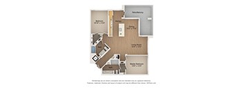 A floor plan of a house with a living room, dining room, kitchen, two bathrooms, and three bedrooms.