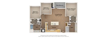 A floor plan of a home with three bedrooms, a living/dining area, a kitchen, two bathrooms, and a patio/balcony.
