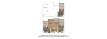 A floor plan of a house with two bedrooms, a living room, a dining room, a kitchen, and a bathroom.