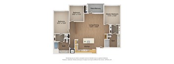 A floor plan of a home with three bedrooms, a living area, a kitchen, and a bathroom.