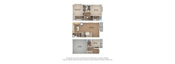 A floor plan of a house with three bedrooms, a garage, and a kitchen.
