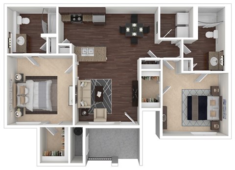 A 3D floor plan of a house with multiple rooms and furniture.