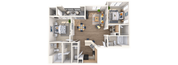 A detailed 3D floor plan of a small apartment layout.