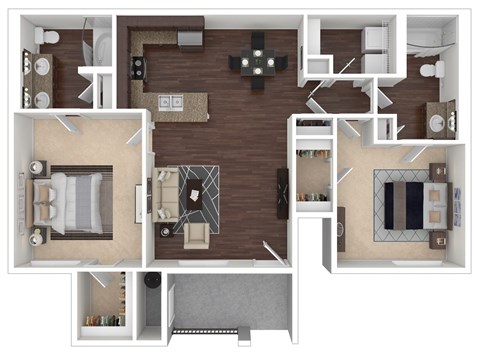 A top-down view of a house layout with multiple rooms and furniture.