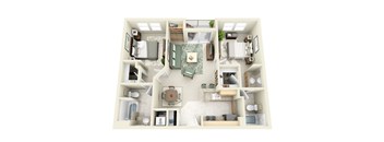 A top-down view of a small apartment with a kitchen, living room, and bedroom.