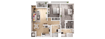A detailed floor plan of a small apartment with a kitchen, living room, and two bedrooms.