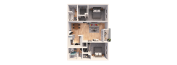 A 3D floor plan of a small apartment with a kitchen, living room, and bedrooms.