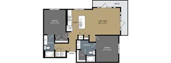 A floor plan of a house with a living room, dining room, kitchen, and two bathrooms.