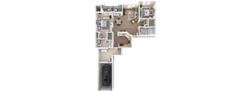 A detailed 3D floor plan of a small apartment.