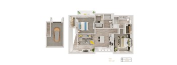 A floor plan of a 1229 square foot apartment with a kitchen, living room, and bathroom.