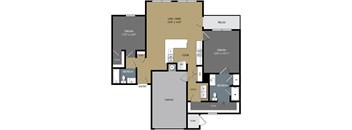 A floor plan of a house with a live/dine area, two bedrooms, a garage, and a utility space.