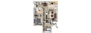 A 3D floor plan of a small apartment with a kitchen, living room, and bedroom.