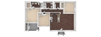A 3D floor plan of a house with a kitchen, living room, and two bedrooms.