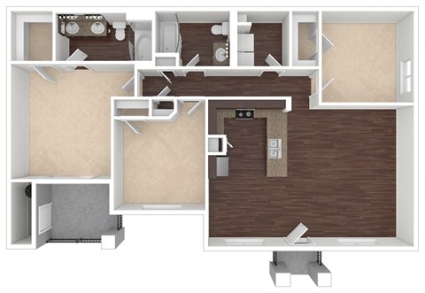 A 3D floor plan of a house with a kitchen, living room, and two bedrooms.