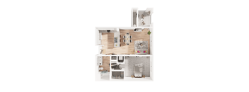 A floor plan of a house with a kitchen, living room, and bathroom.