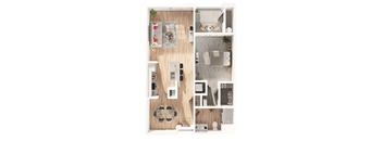 A floor plan of a small apartment with a kitchen, living room, and bathroom.