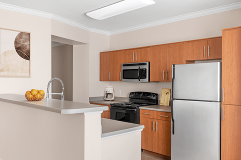 A kitchen with a refrigerator, microwave, and stove.