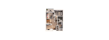 A detailed 3D floor plan of a small apartment layout.