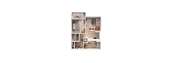 A small apartment with a bedroom, living room, and kitchen.