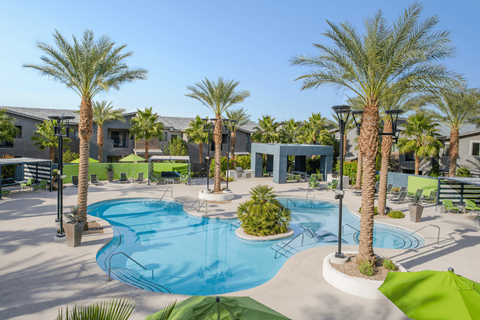 A pool surrounded by palm trees and lounge chairs.