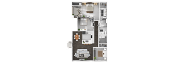 A detailed 3D floor plan of a modern apartment.