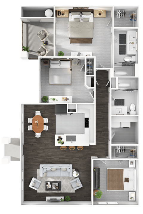A detailed 3D floor plan of a modern apartment.
