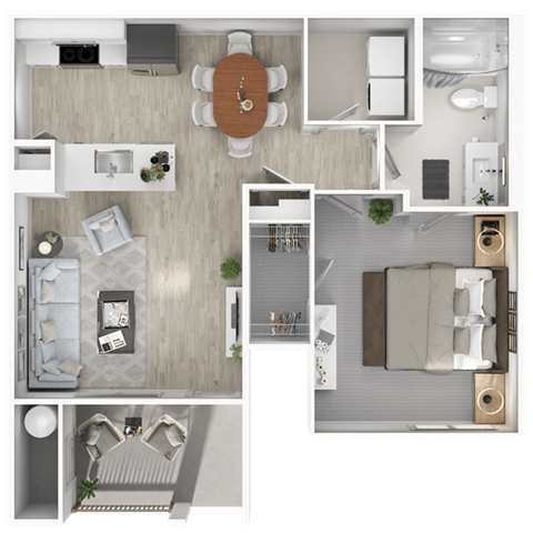 A top-down view of a modern apartment layout with a kitchen, living room, and bedroom.