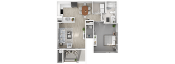 A top-down view of a small apartment with a kitchen, living room, and bathroom.