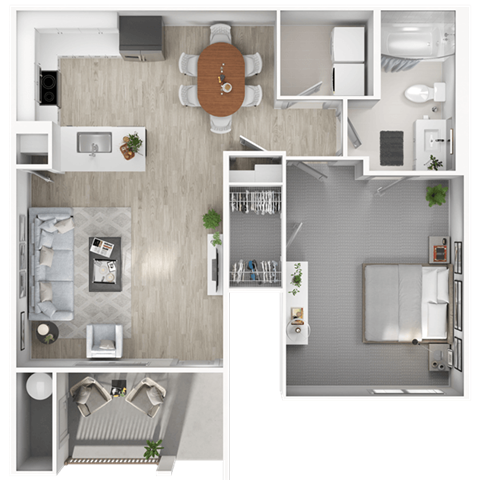 A top-down view of a small apartment with a kitchen, living room, and bathroom.